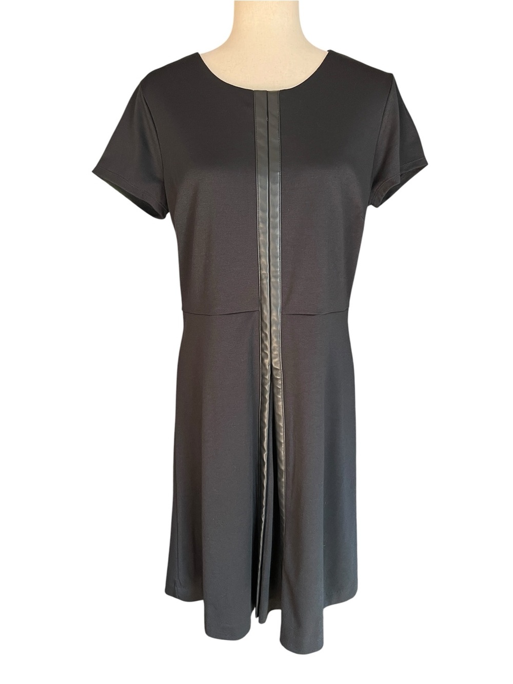 Jaclyn Smith black short-sleeved dress with a leather-like front trim accent